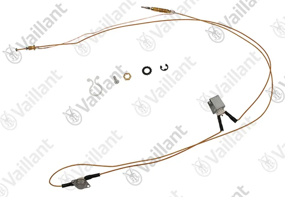 Vaillant Thermoelement mit Kupferleitungen, elektrischem Anschluss und Befestigungsteilen. Komponenten für Heizungs- oder Warmwassergeräte.